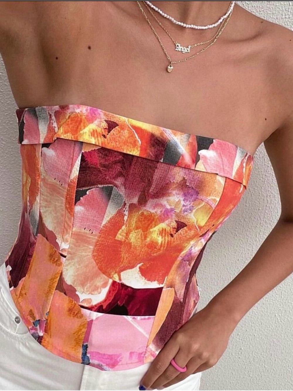 Glassons Floral Strapless Bustier Top in Pink, Orange and Burgundy